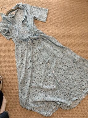 Pale Blue Floral Button-Front Maxi Dress with Tie Waist